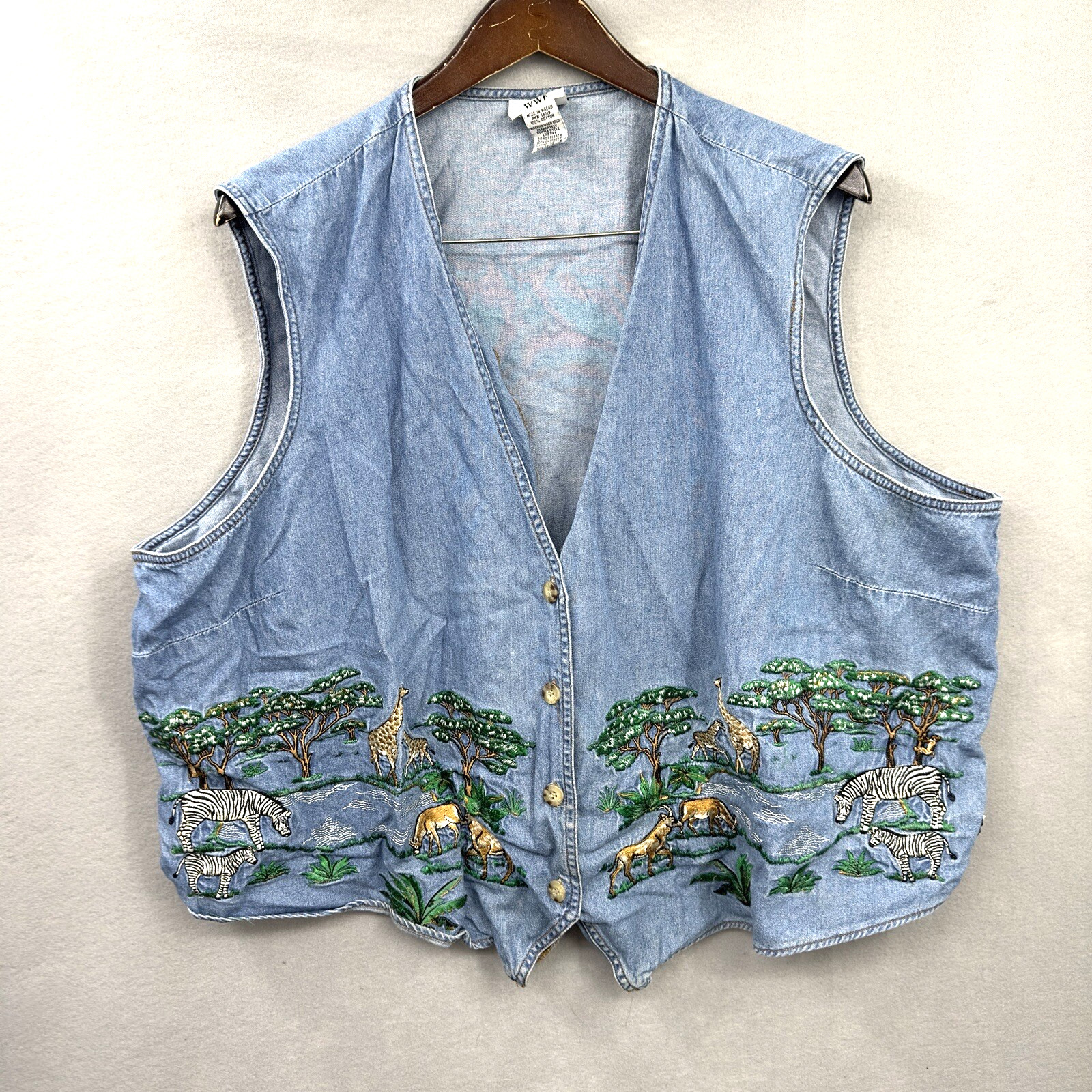 Vintage WWF Vest Women Plus 26/28 Embroidered Safari Chambray y2k 90s Core READ