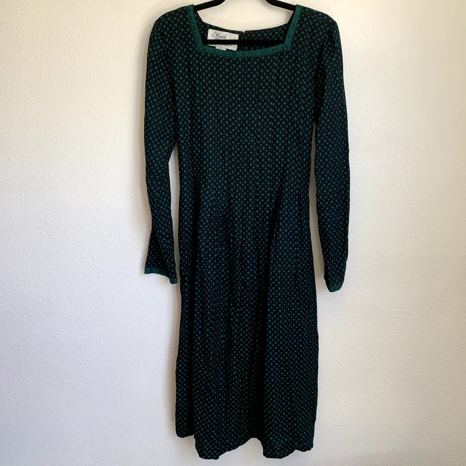 Sarah Elizabeth Vintage Green Black Diamond Print Rayon Cottagecore Dress Size 8
