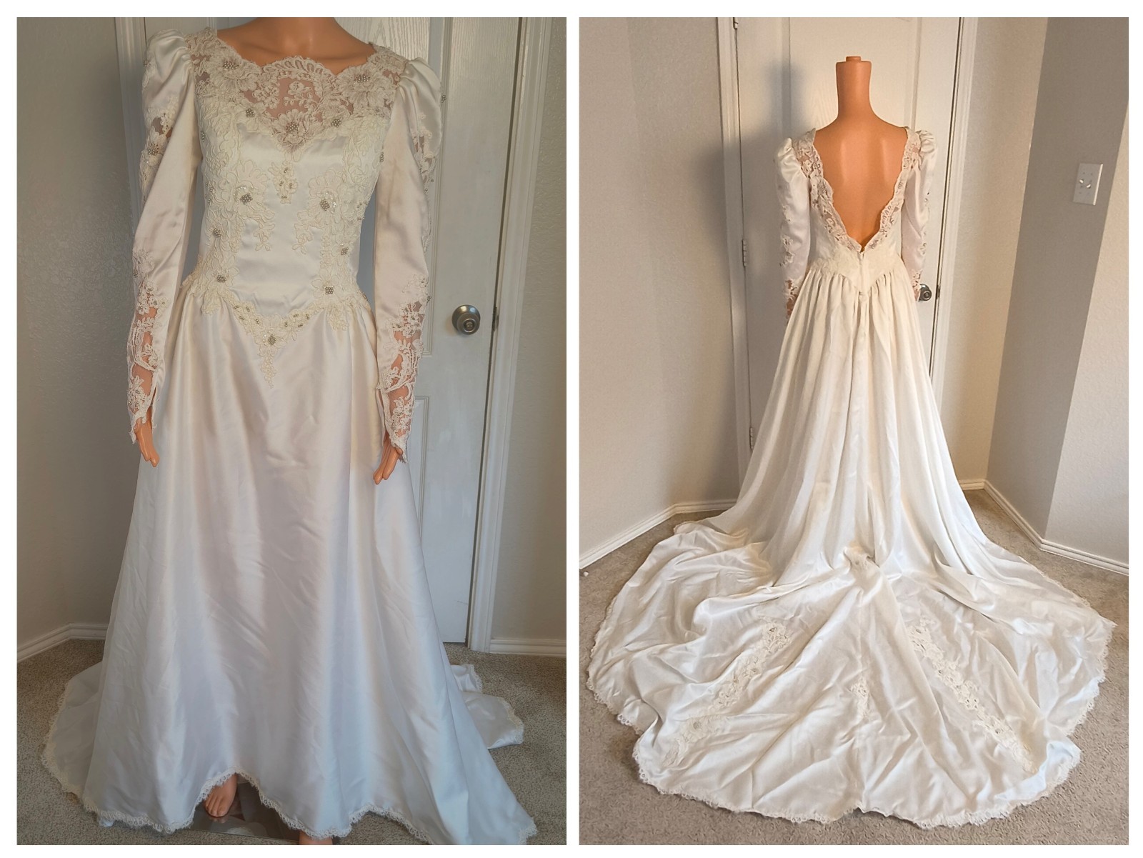 Vintage 80s Glam Satin Lace Cottagecore Fairycore Wedding Dress Size 10 Train 41
