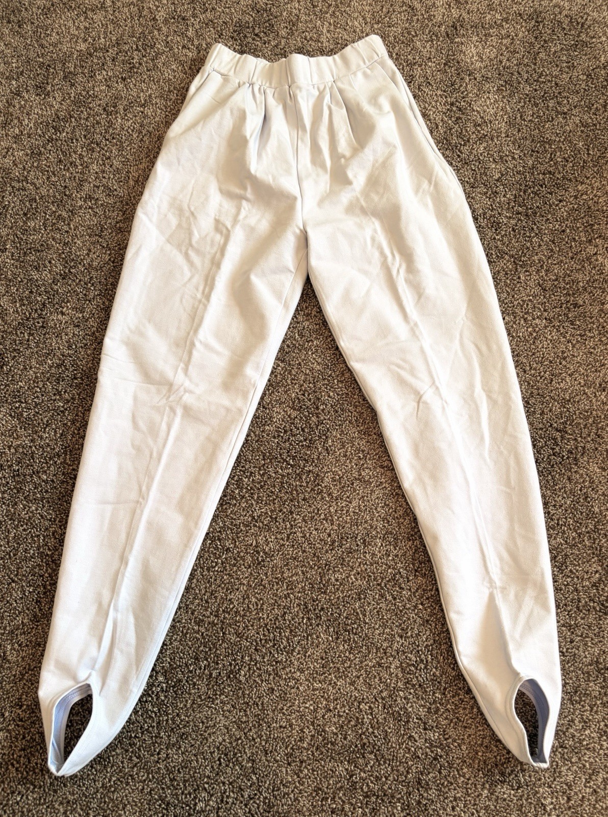 VTG 80s Pastel Blue stretch Stirrup Pants, Pull on, High rise Pleated, Pockets S