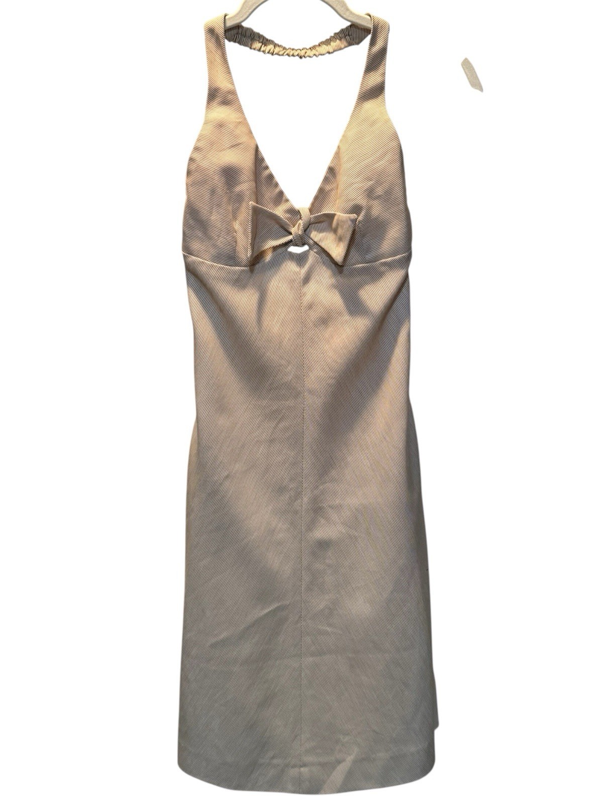 VINTAGE 70s Emily Just Emily Halter Dress – Seersucker Tan Pinstripe SUMMER