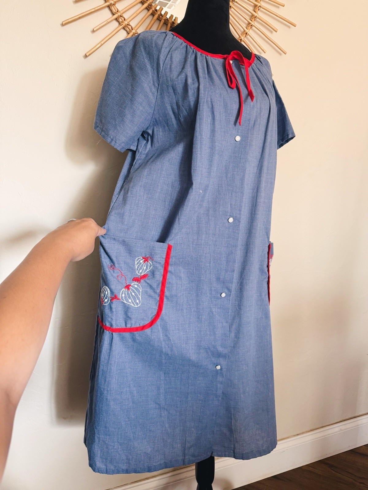 Vintage 1970s Plaza 9 Embroidered Strawberry Blue & Red Mumu Dress Size Medium