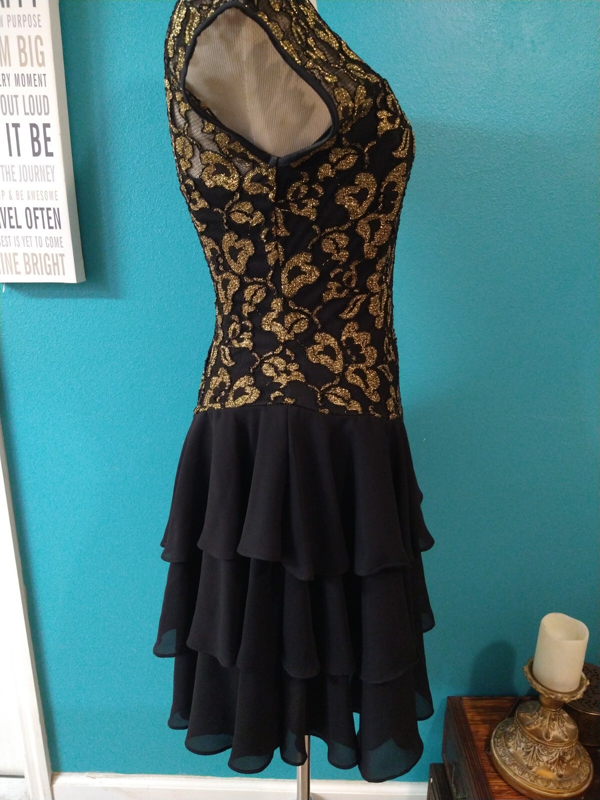 VINTAGE Tiered Party Dress Sheer Gold and Black Lace Floral Late Edition Ltd.