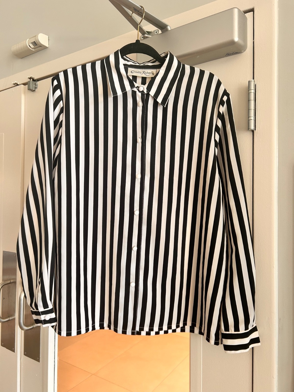 Vintage Claudia Richard Women black and white striped blouse / 14 / Plus Size 14
