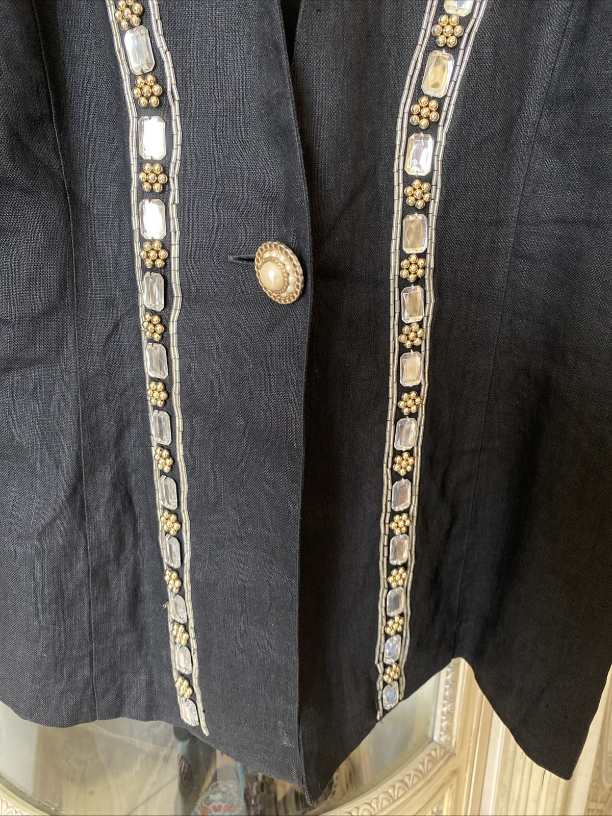 vintage Digna Yero Linen Black Embellished Stones Jacket SZ 14 Hong Kong