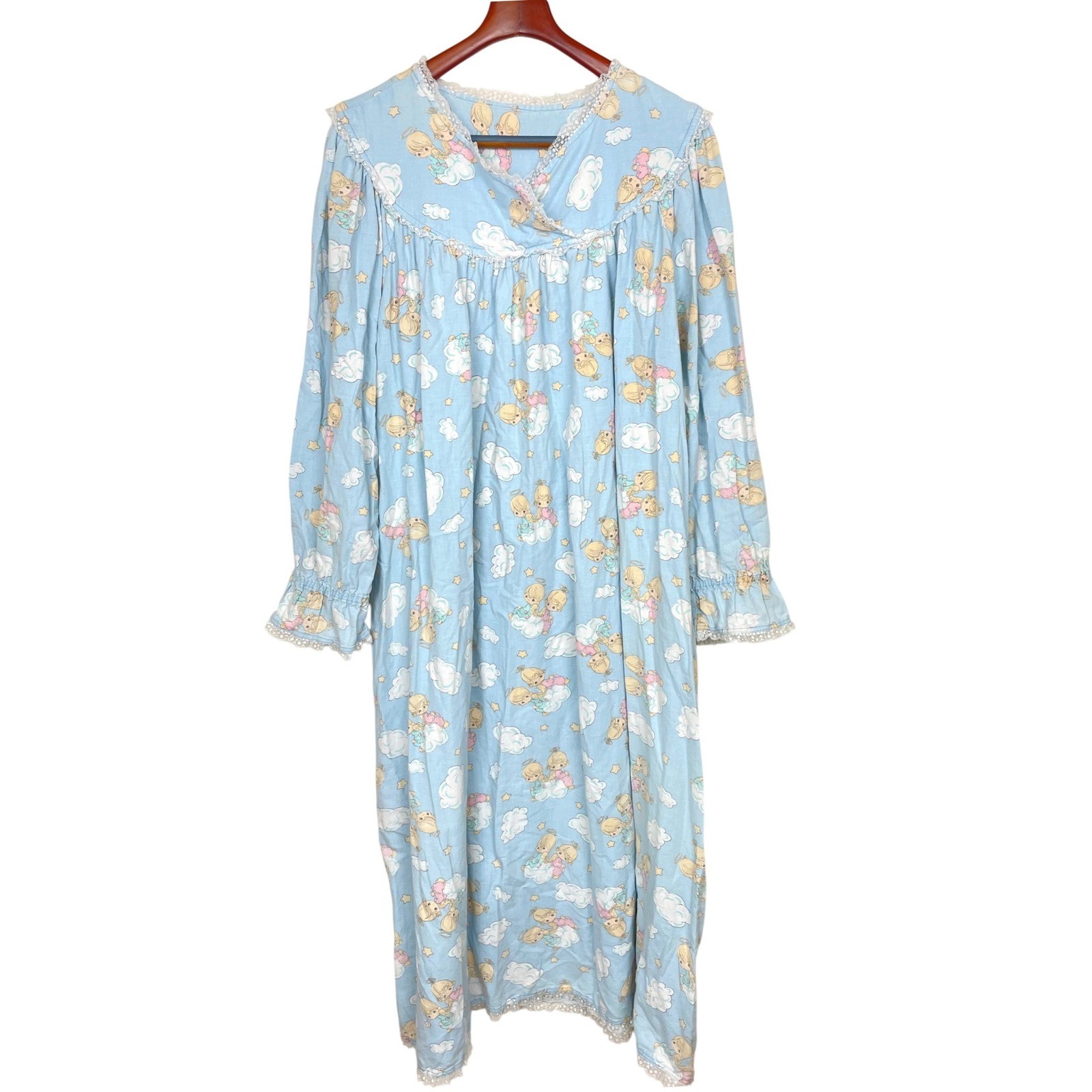 Vtg Precious Moments Womens Nightgown Sz XL Long Sleeve Flannel Angels Cottage