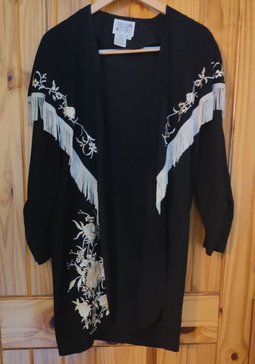 Vtg 80s Lacy Afternoon Embroidered Fringe Long Duster Jacket Topper Medium Med