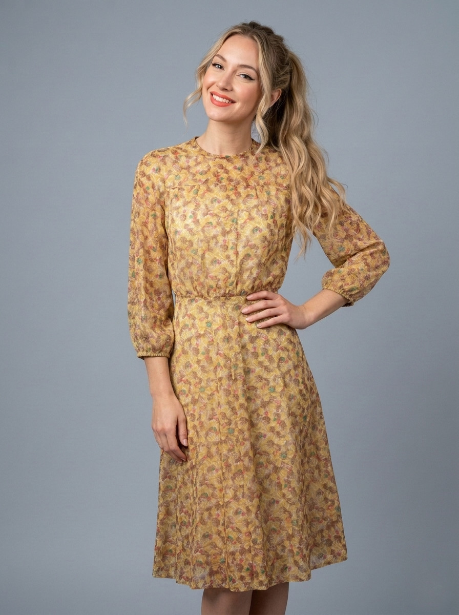 S/M Vintage 70s Shimmery Fall Leaves Lightweight Sheer Airy Secretary Dress