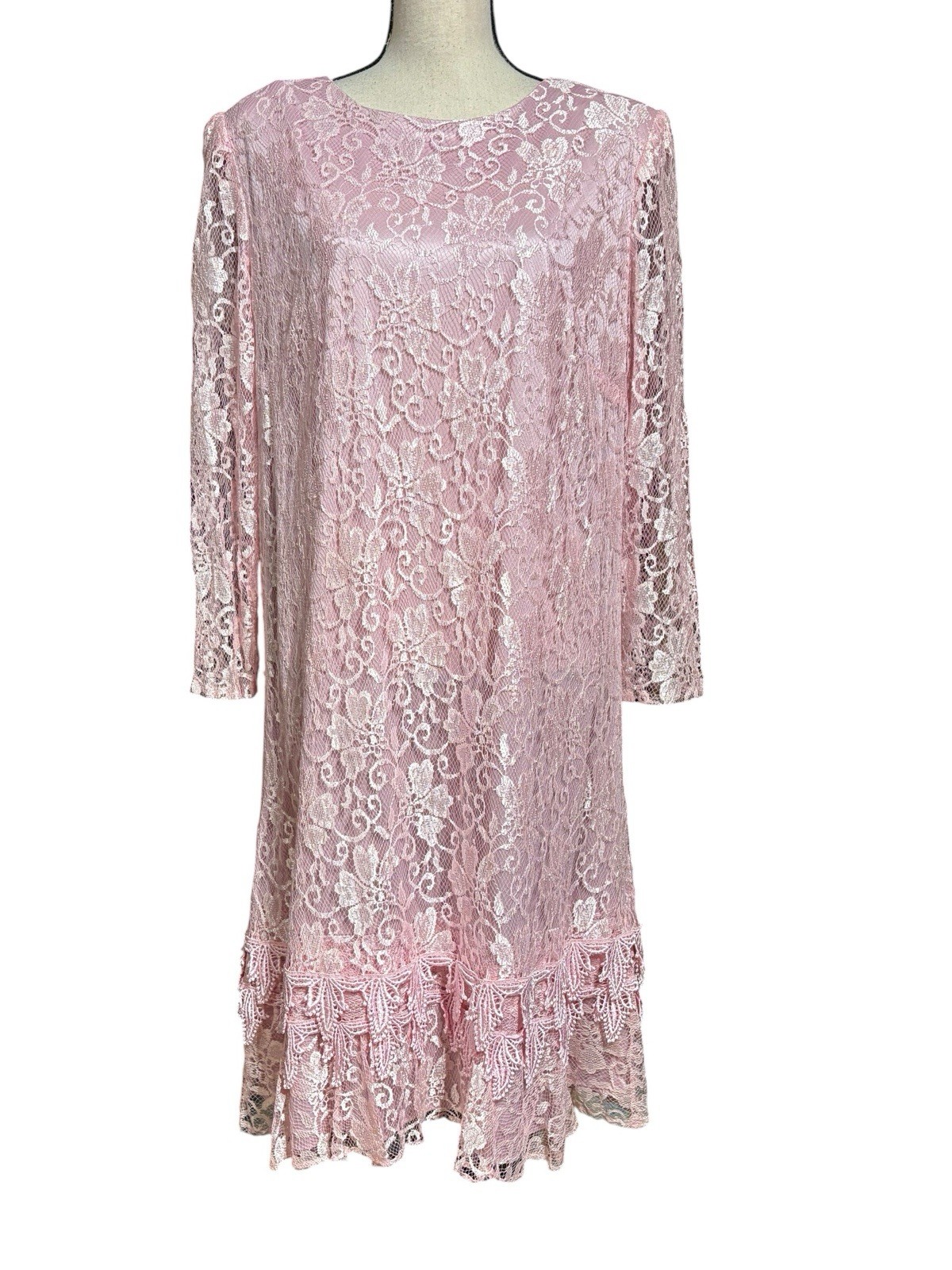 Vintage LADY HELENE Pink Lace Overlay Dress Layered Hem