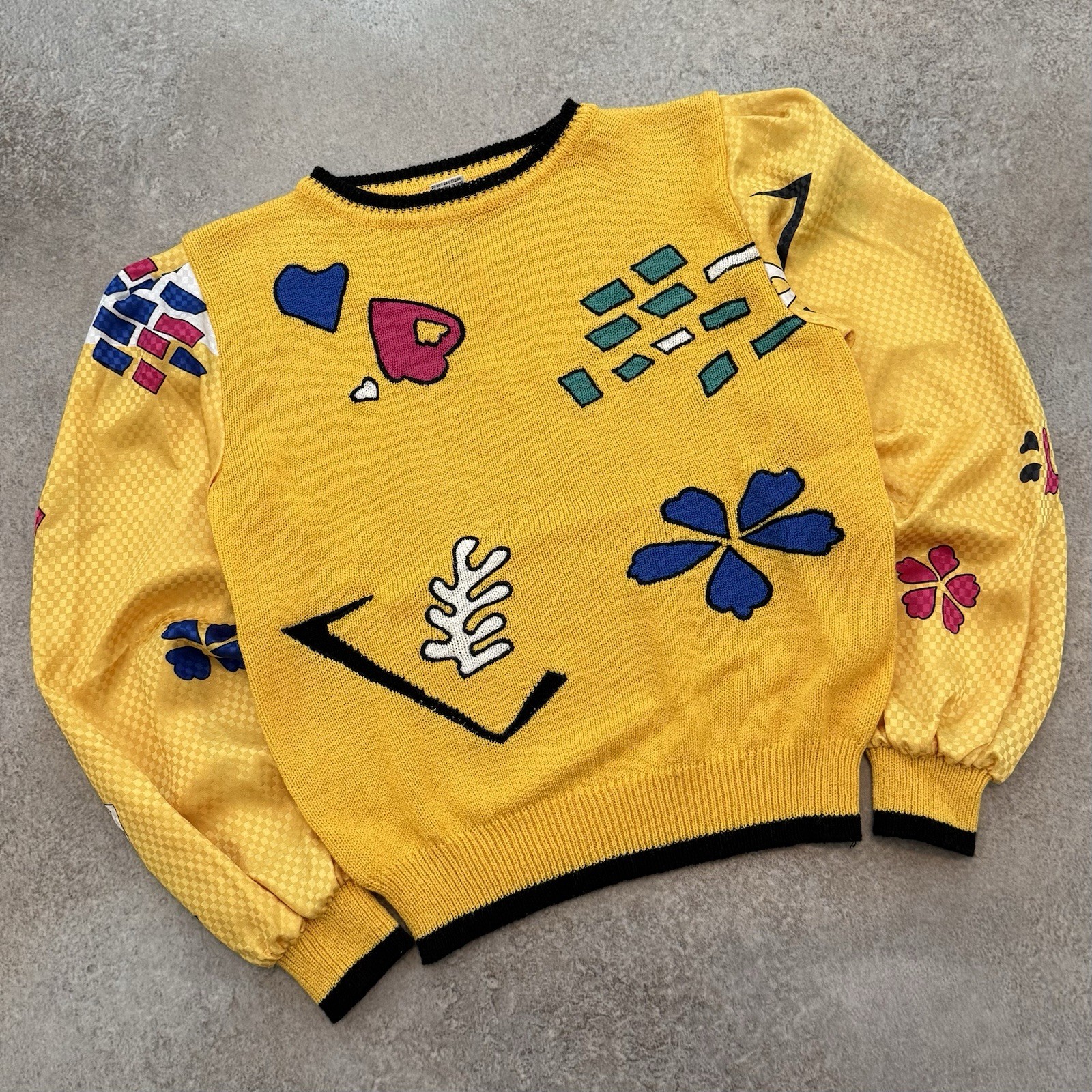 Vintage 80s Jaymee Papell Geometric Sweater Medium Yellow Funky Art Teacher 1980