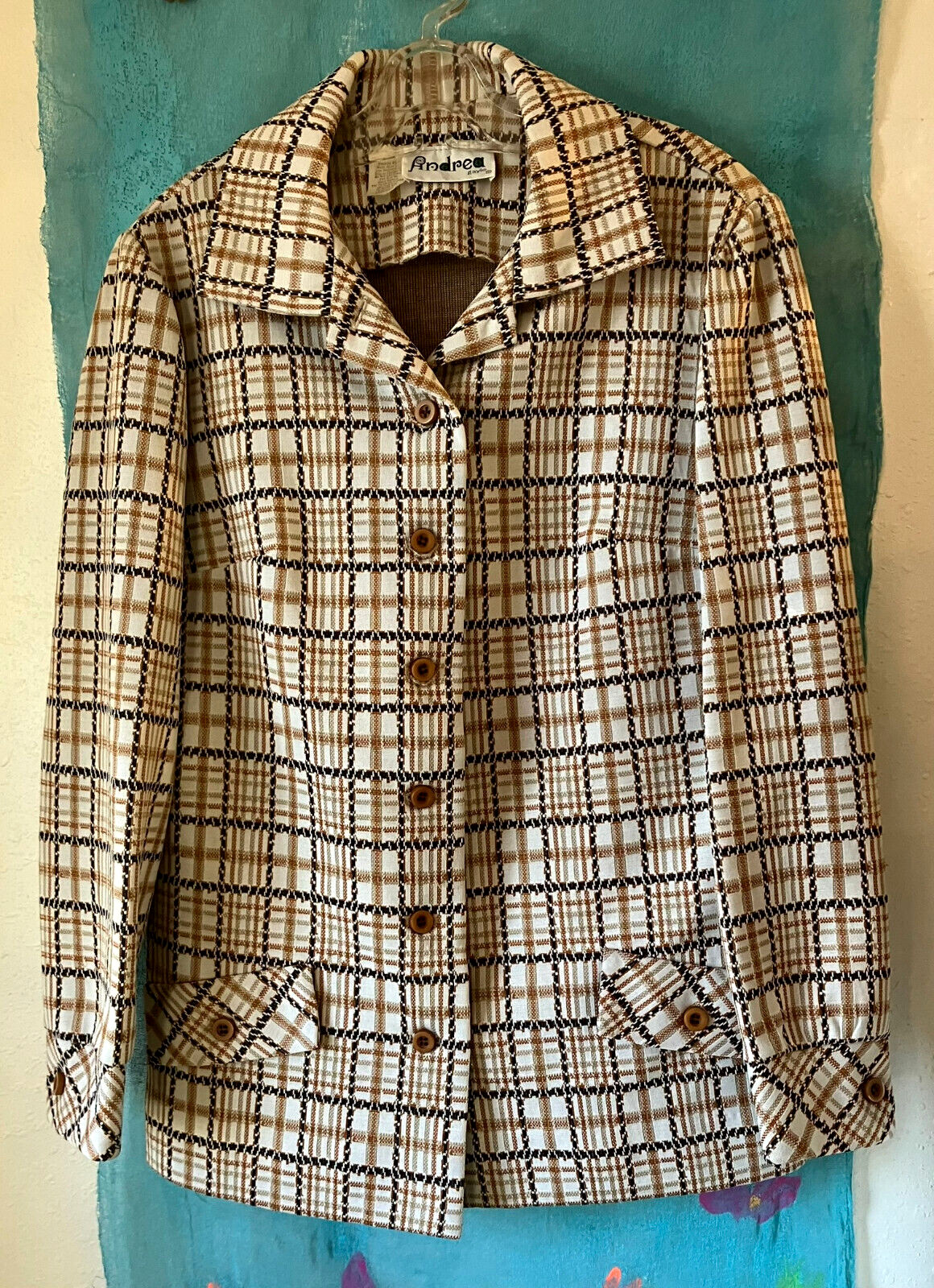 Vintage ANDREA GALE Checkered BLAZER, Brown, Rust, Tan, Cream, Slightly Stretchy