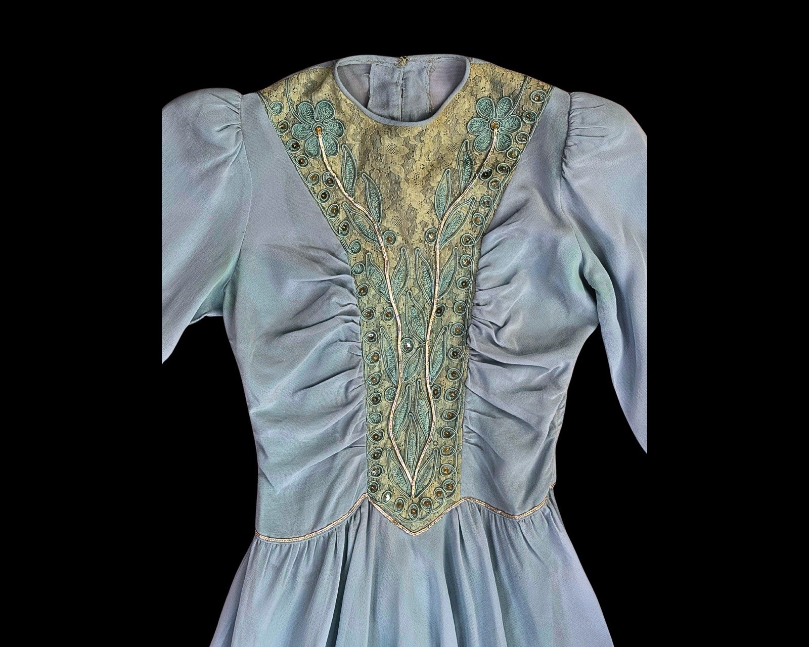 1940s Soft Blue Rayon Crepe and Lace Sequin embellished Strong Shoulder | XXS