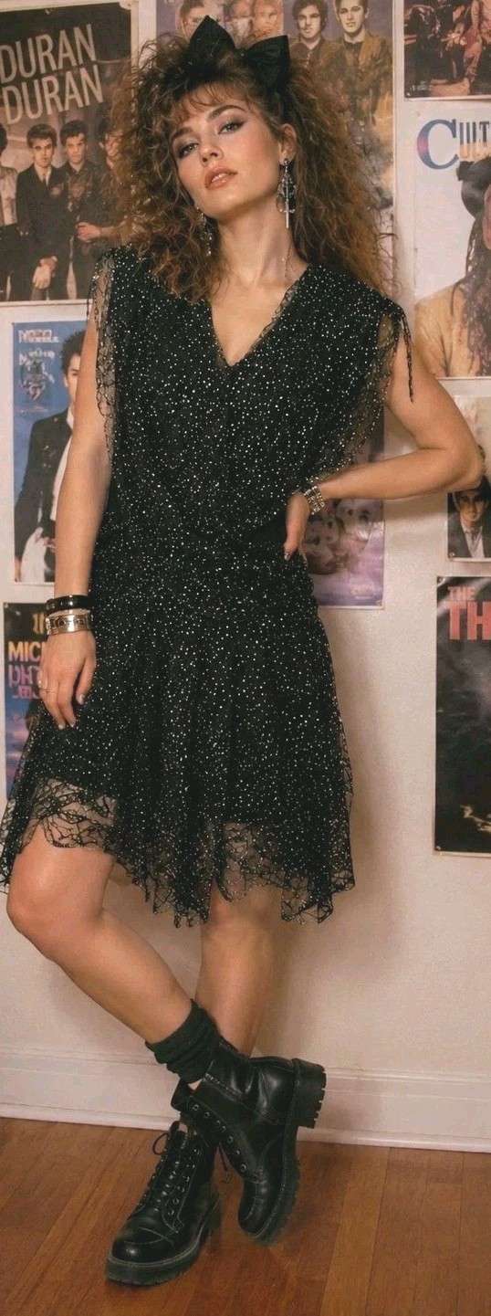 1980 PUNK GOTH FAIRY prom dress black silver lace layers handkerchief 8/10 USA
