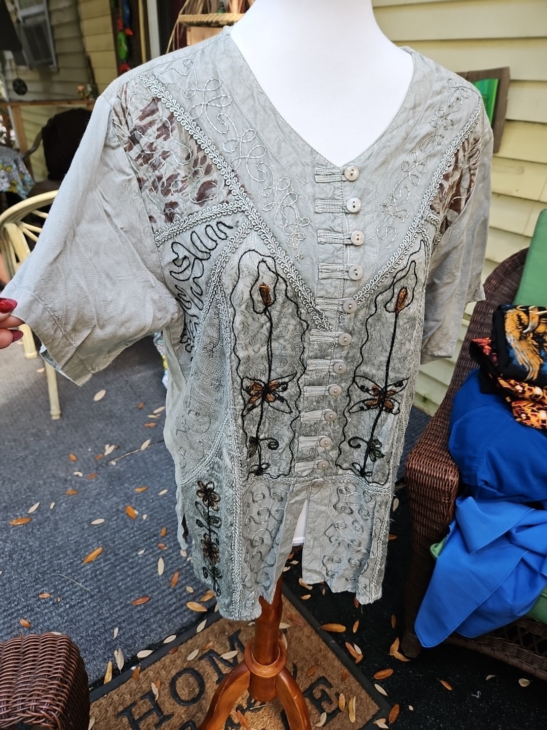 VINTAGE 80s Bohemian Shirt Crochet Fringe Boho Artsy Rayon LG
