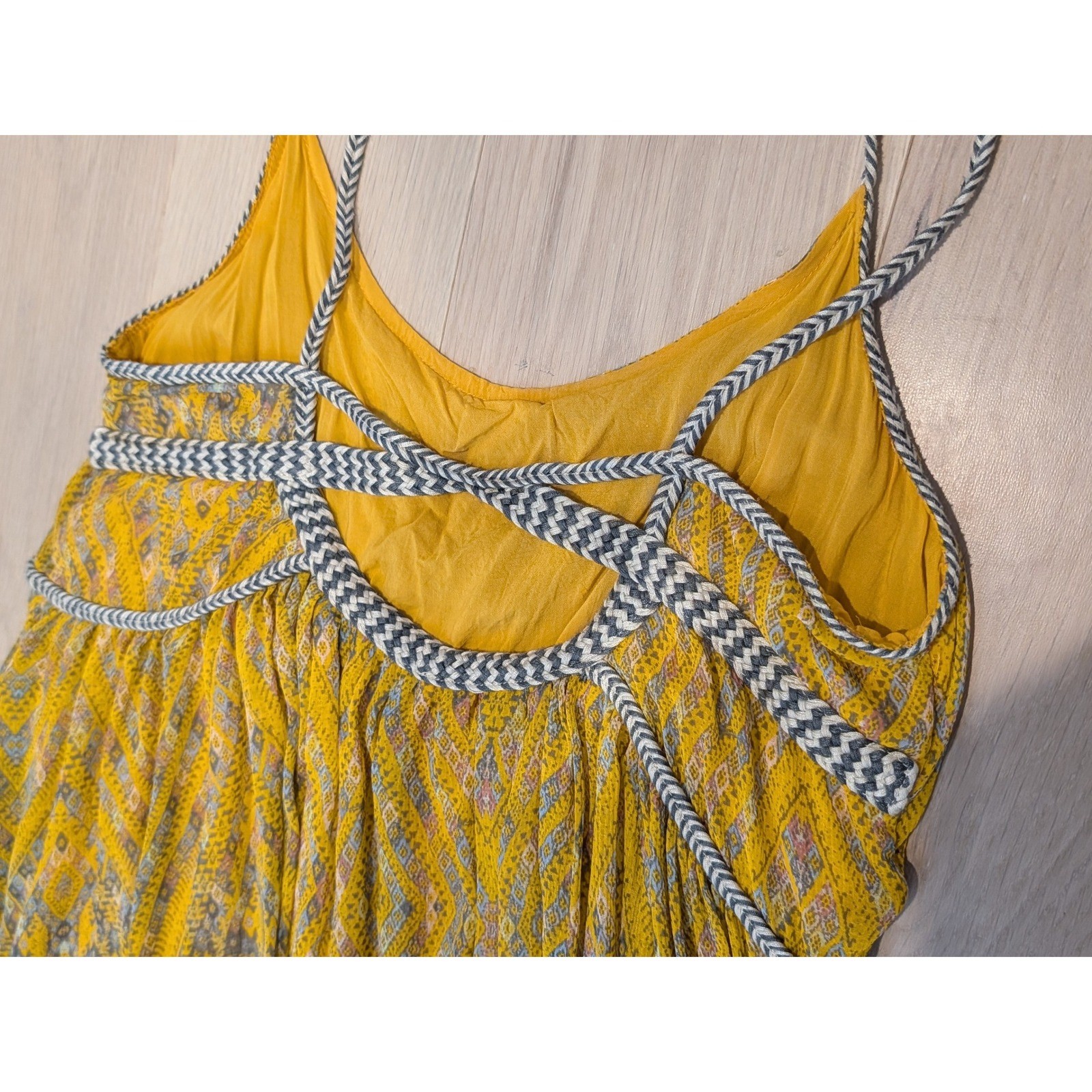 Free People Boho Yellow Geometric Mini Dress Braided Trim Small