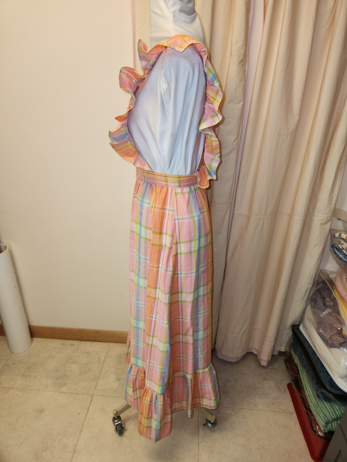 Vintage Ruffle Pinafore Apron Long Dress*Cottage Prairie Look*Homemade* sz Small