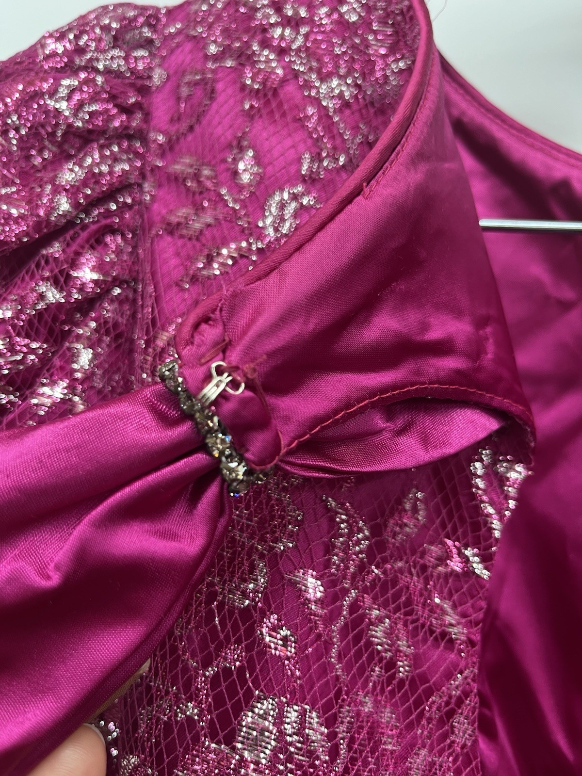 Vtg 80s Hot Pink Satin Dress 3 Bow Back Rhinestone Metallic Lace Prom Formal 10