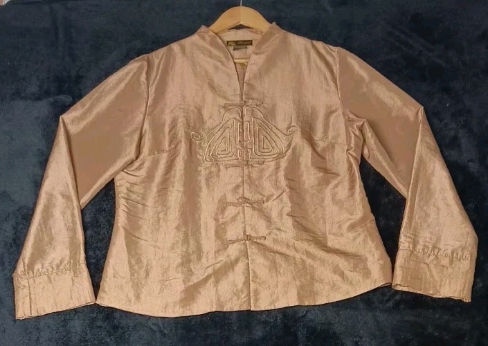 VTG Mirasol Silk Jacket Gold Mandarin Collar Frog Closures Embroidered Large