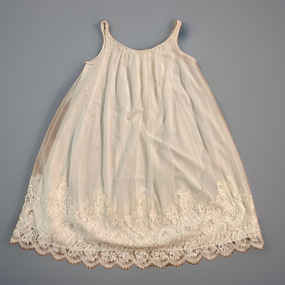 Vintage 60s Babydoll Nylon Lace Nightgown Slip Dress Medium ^