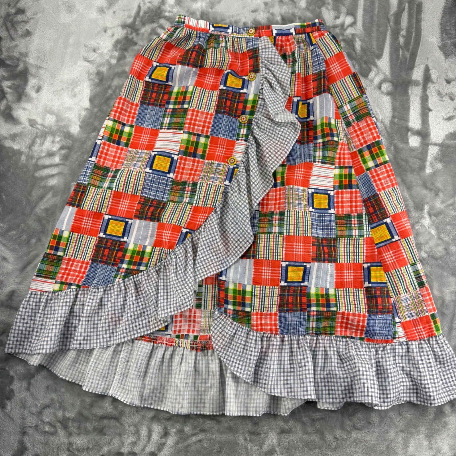 Vintage 70’s Patchwork Plaid Ruffle Midi Skirt Boho Romantic Folk, High Waist