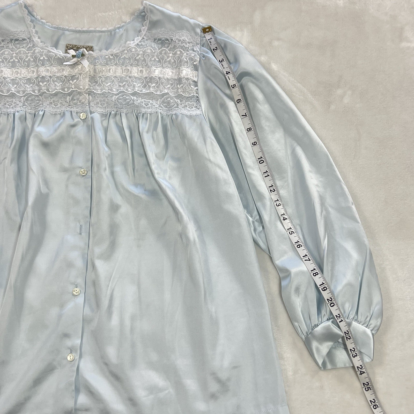 VTG Satin Sleep Top Small Light Blue Long Puff Sleeve Lace Cottage Blouse