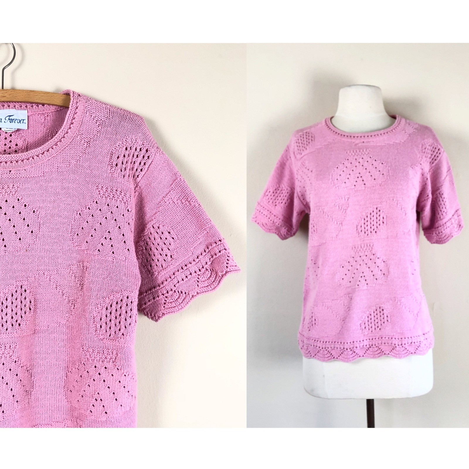 vintage 90s cotton seashell knit pastel eyelet cottagecore boho hippie abstract