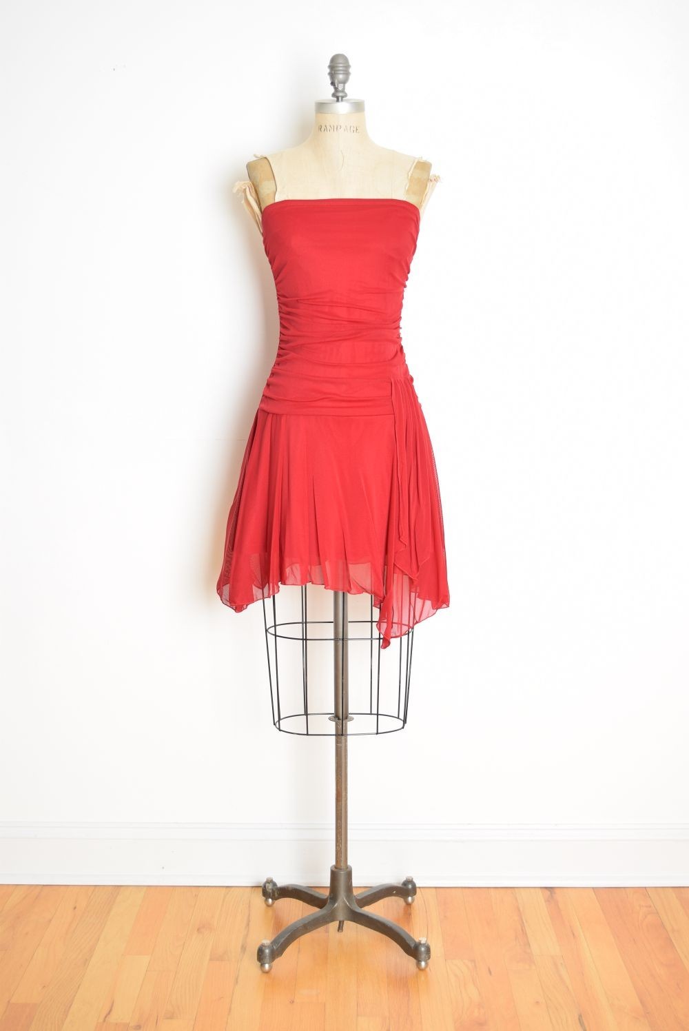 vintage Y2K party dress red mesh fairy strapless asymmetrical club Hot Kiss XS