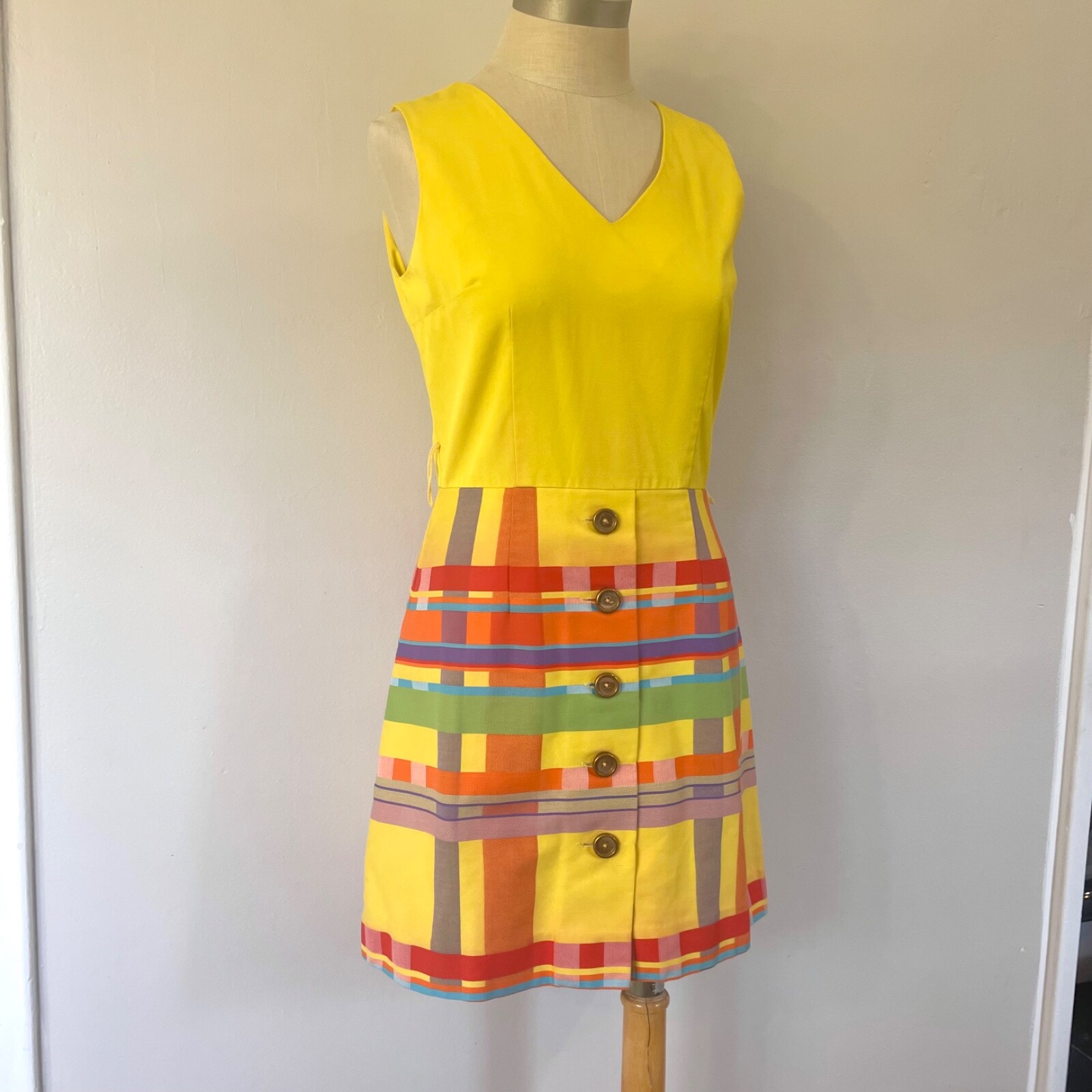 Vintage 60s Elizabeth Stewart Dress Culotte Skort Romper Yellow Plaid Size S/M