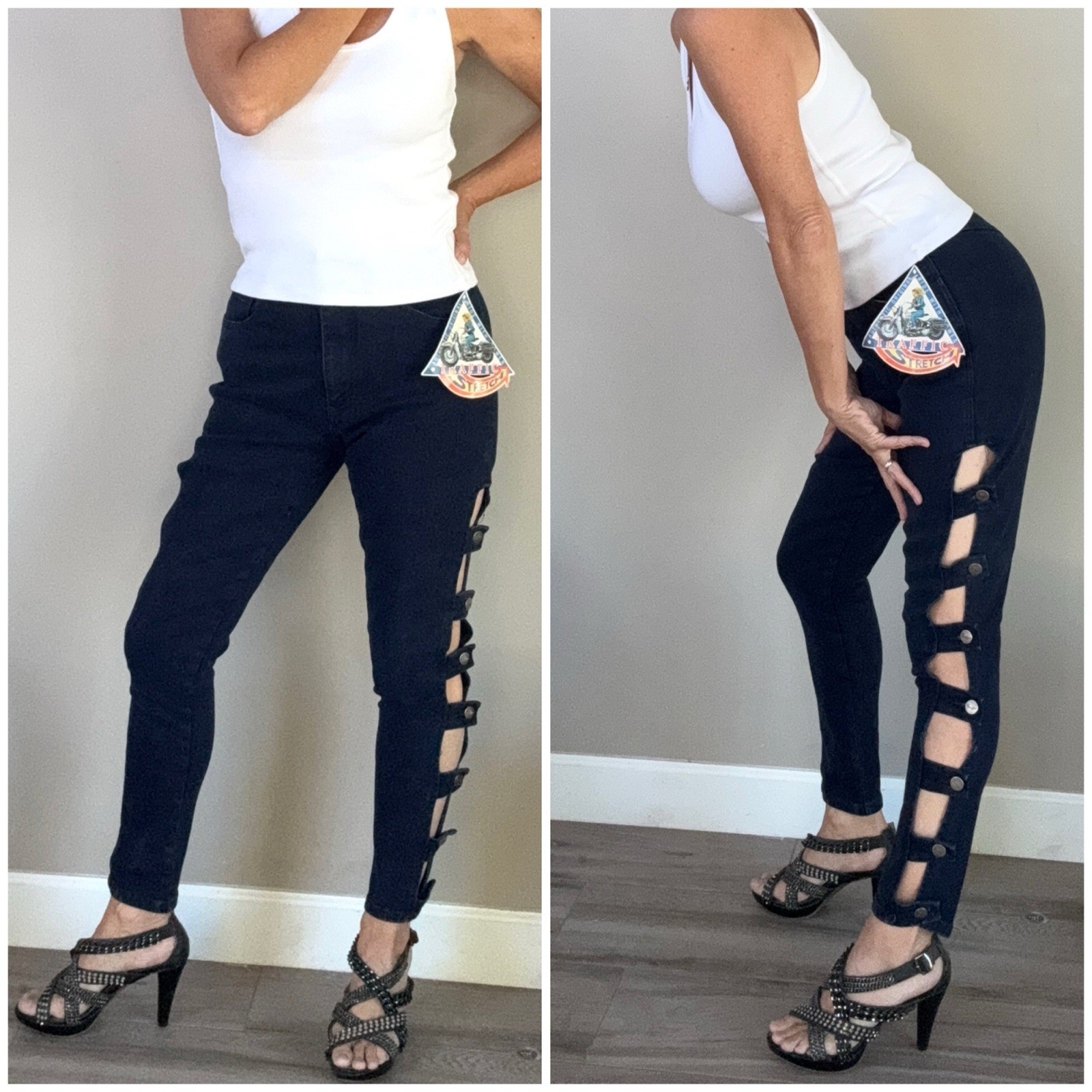 NWT 1980s VTG TRAFFIC Cutout Ladder Strap Rock Band Chick Dark Blue Jeans 9/10