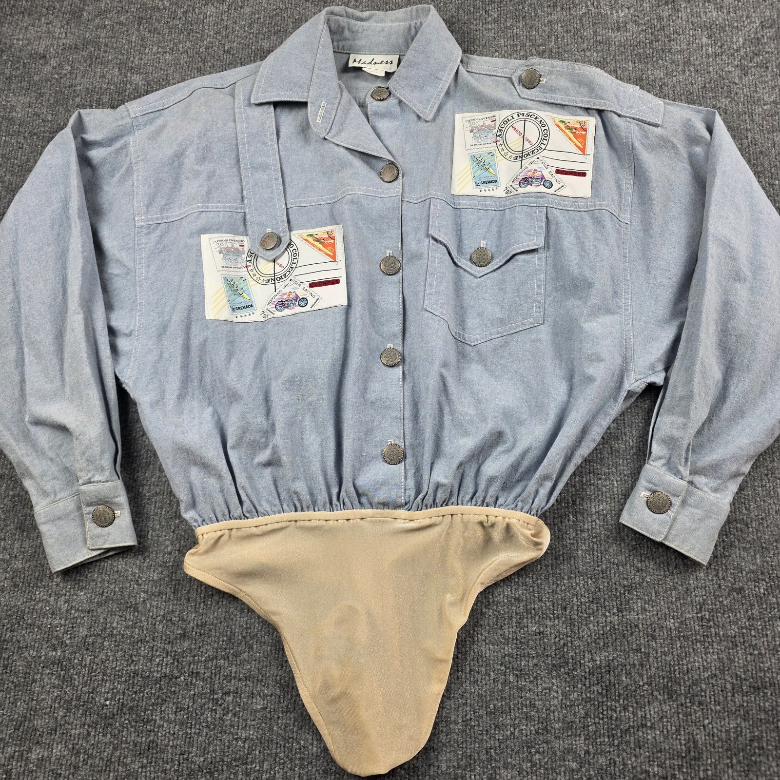Madness Vintage USA Chambray Bodysuit Womens S Artsy Travel Americana Patches