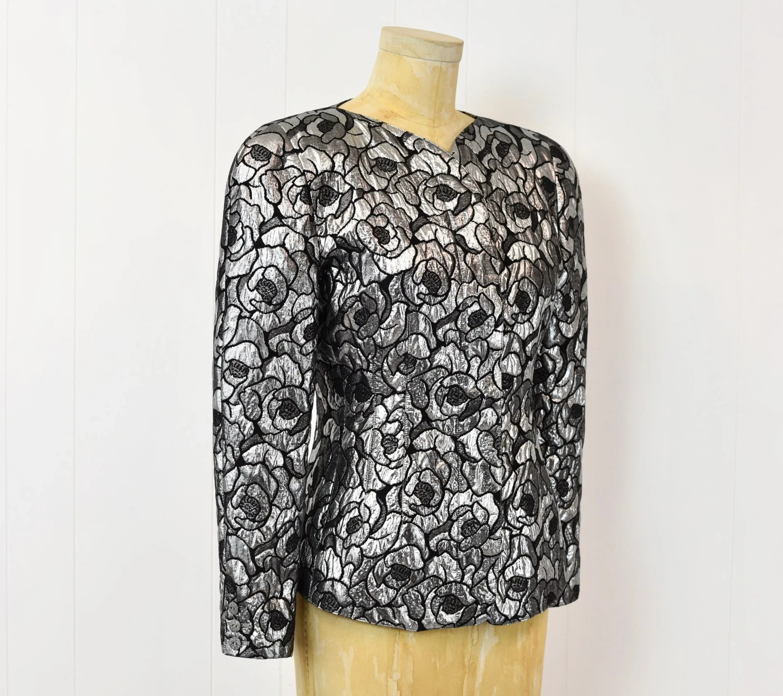 Vintage 1980s Krizia Metallic Silver Black Floral Lurex Blend Jacket Blazer