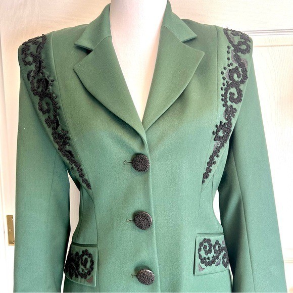 vintage BONPOINT green 100% wool suit black trim France whimsical luxury preppy