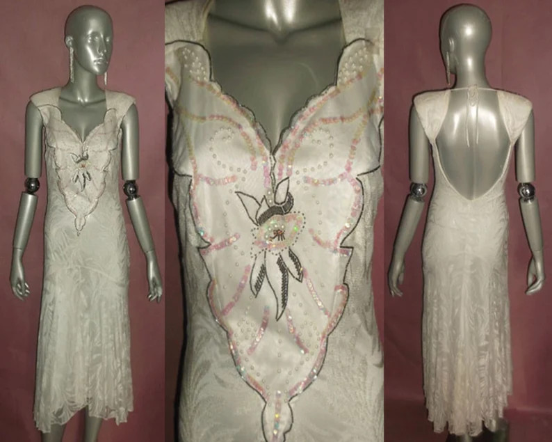 VTG Lace Sequins Beads Applique Embellish Cutout Tie Back Neck Flare Dress 11/12