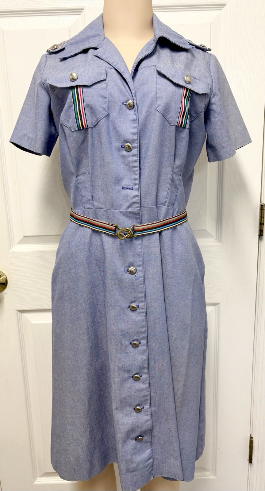 Vintage 70s Sears Fashions Chambray Safari Shirt Dress Belted Rainbow Trim
