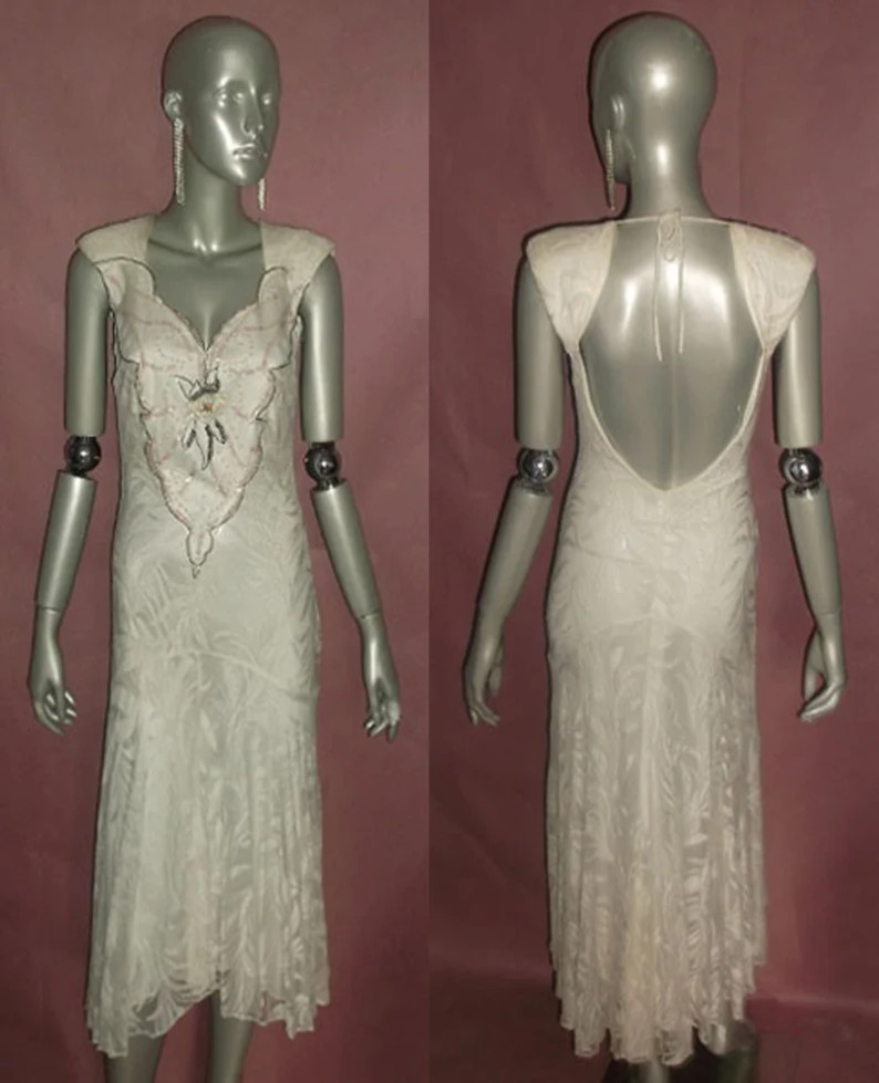 VTG Lace Sequins Beads Applique Embellish Cutout Tie Back Neck Flare Dress 11/12