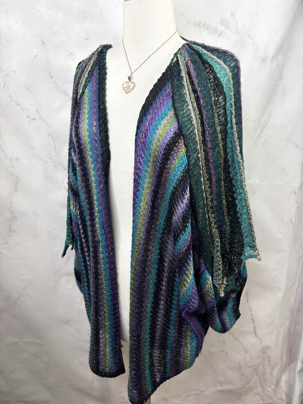 Vtg Mali Firenze Metallic Knit Cardigan Slouchy Duster Kimono Shrug Whimsigoth