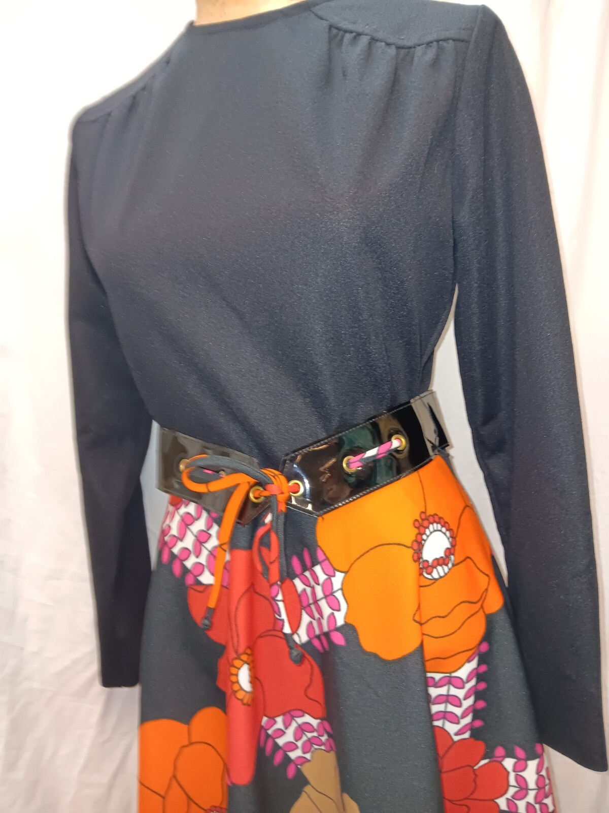 1970s Black Orange Pink Red White Groovy Poly Mod Dress by Tony Todd M