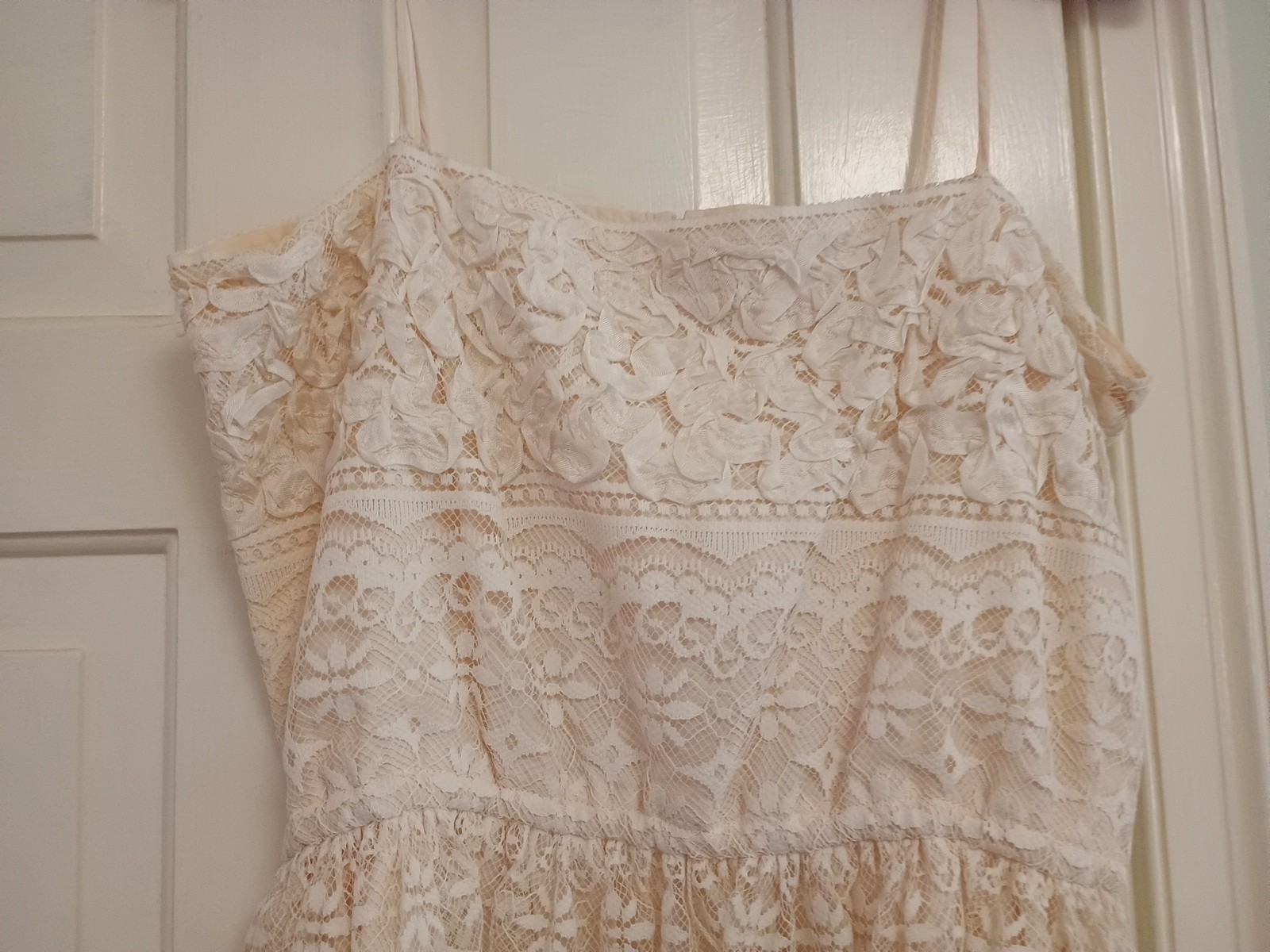 Vtg FAB 60s Themes Cream Lace Ribbon Dress & Jacket 2 pc set Party Wedding XS