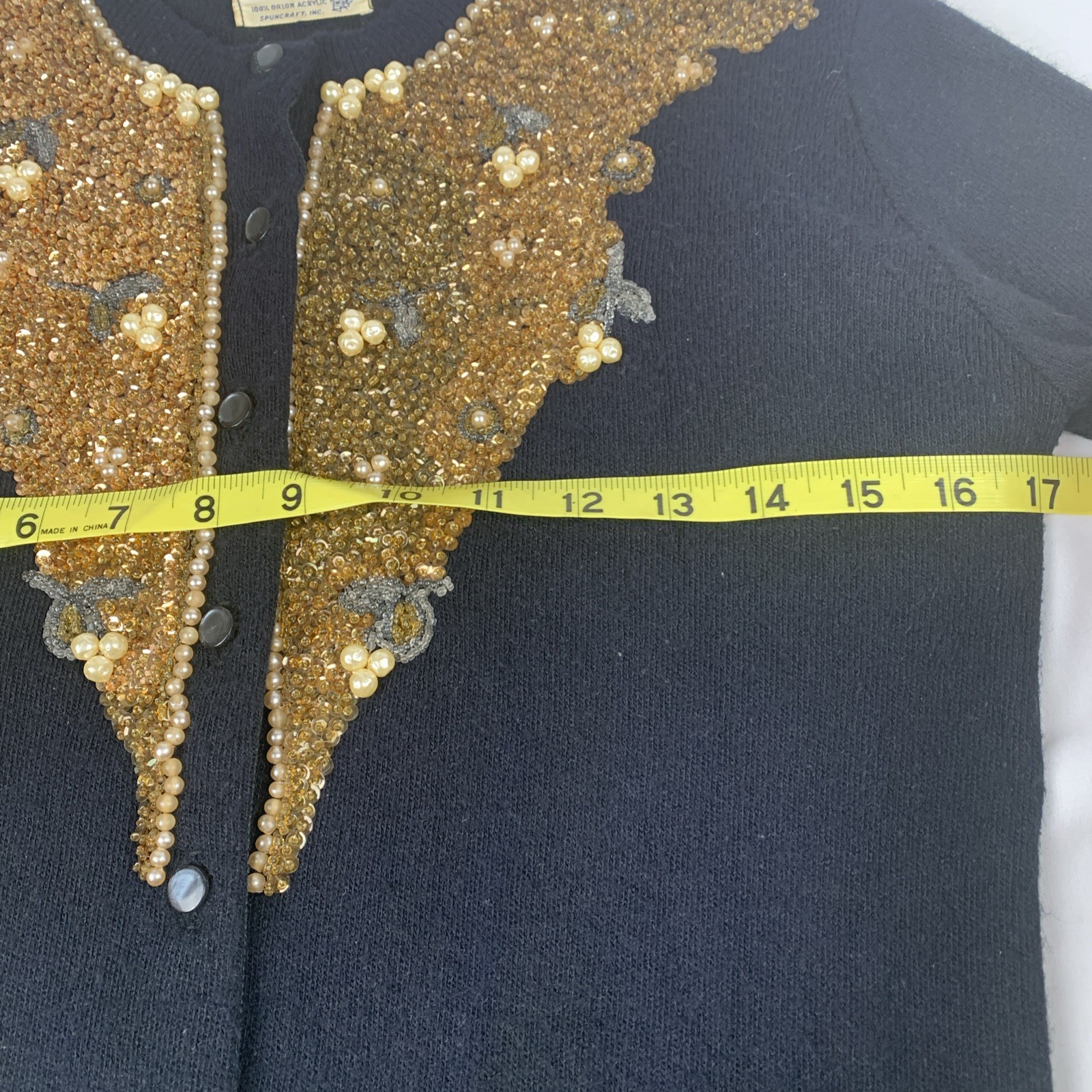 1960’s Orlon Turbo By Spuncraft Inc Black Sweater Gold Sequins, Small Sparkly