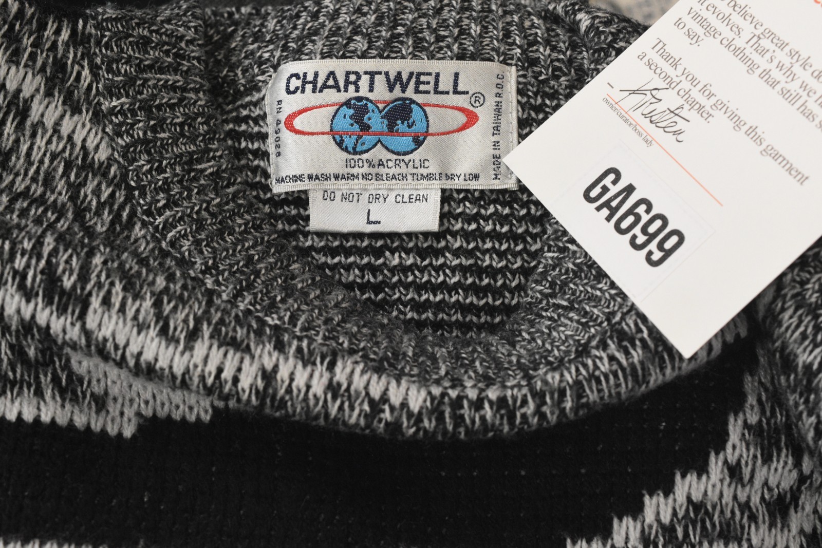 80s Vintage Art Deco Sweater Womens L Relaxed Fit Black White Heather Gray