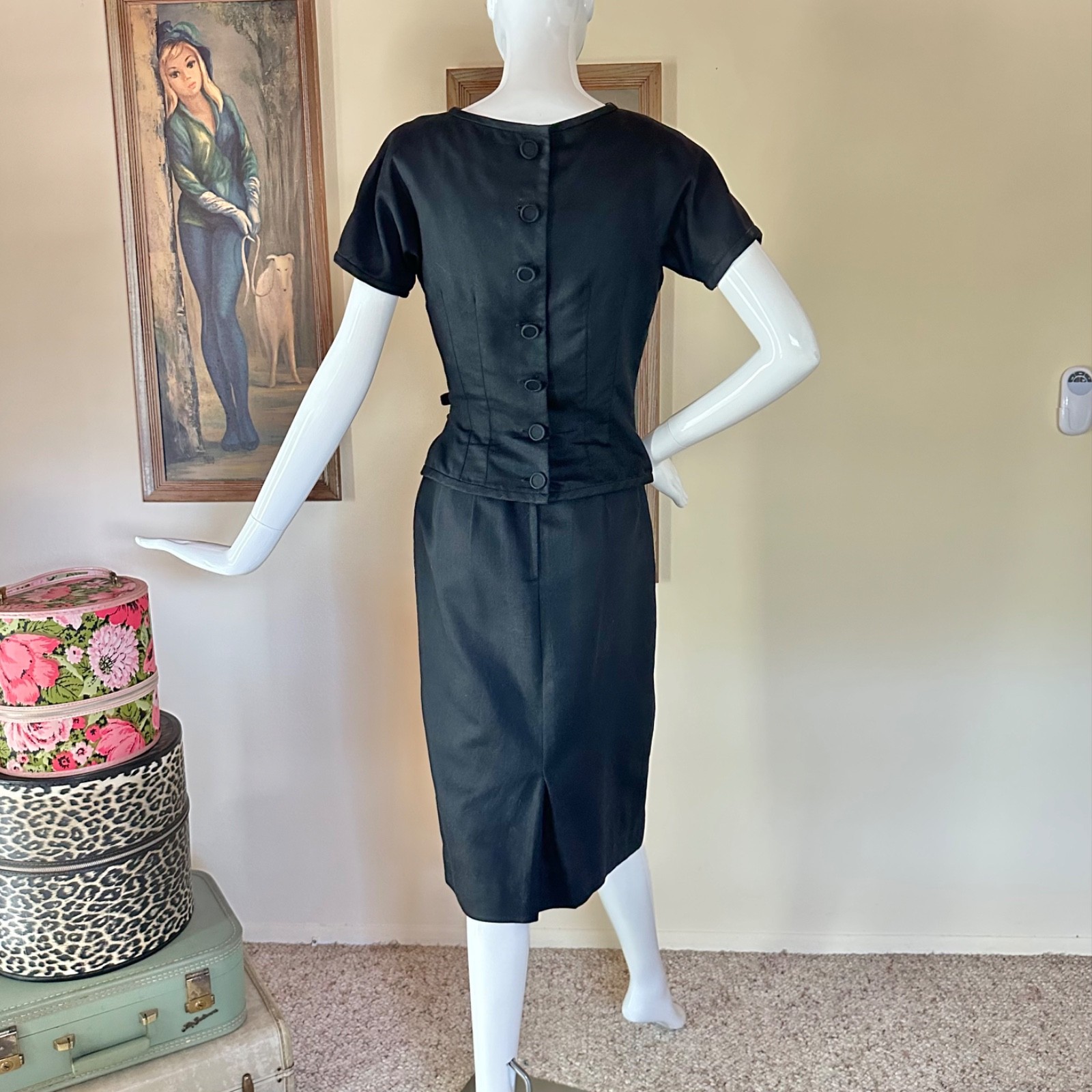 Vintage 1950s LBD Audrey Cocktail Dress & Blouse Layered Suit 2 pc Set S