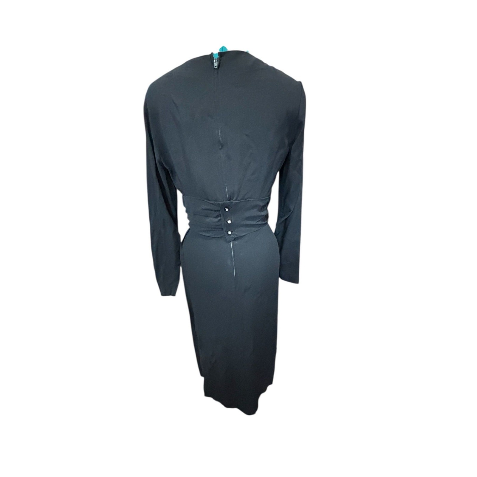 1958 Carlye Black Rayon Crepe Dress • Metal Zippers • Sculpted Waist Minimalist