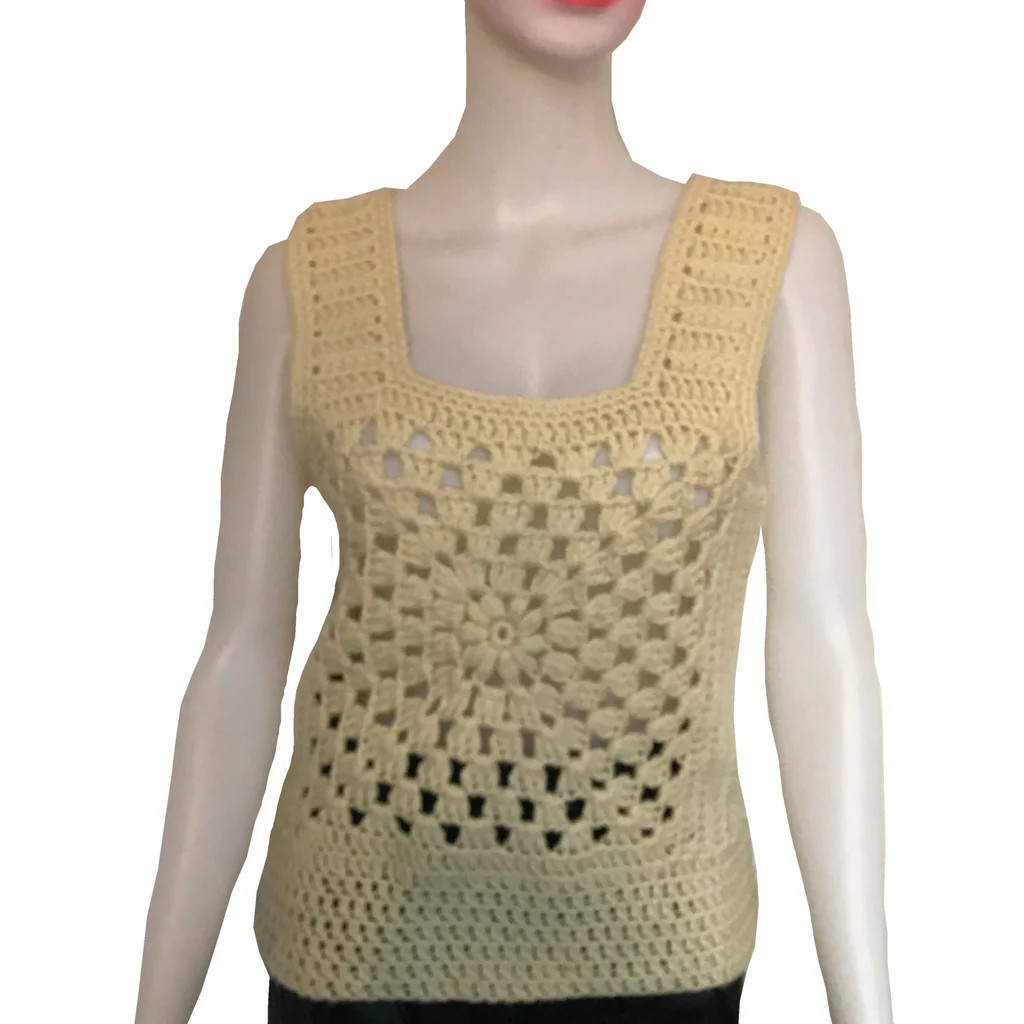Vintage 70s Crochet Tank Top Boho Festival Knit Sweater