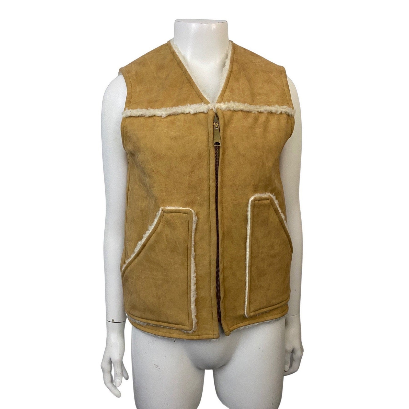 Vintage 70s Faux Suede Zip Up Vest Jacket Shearling Lined / XS ^