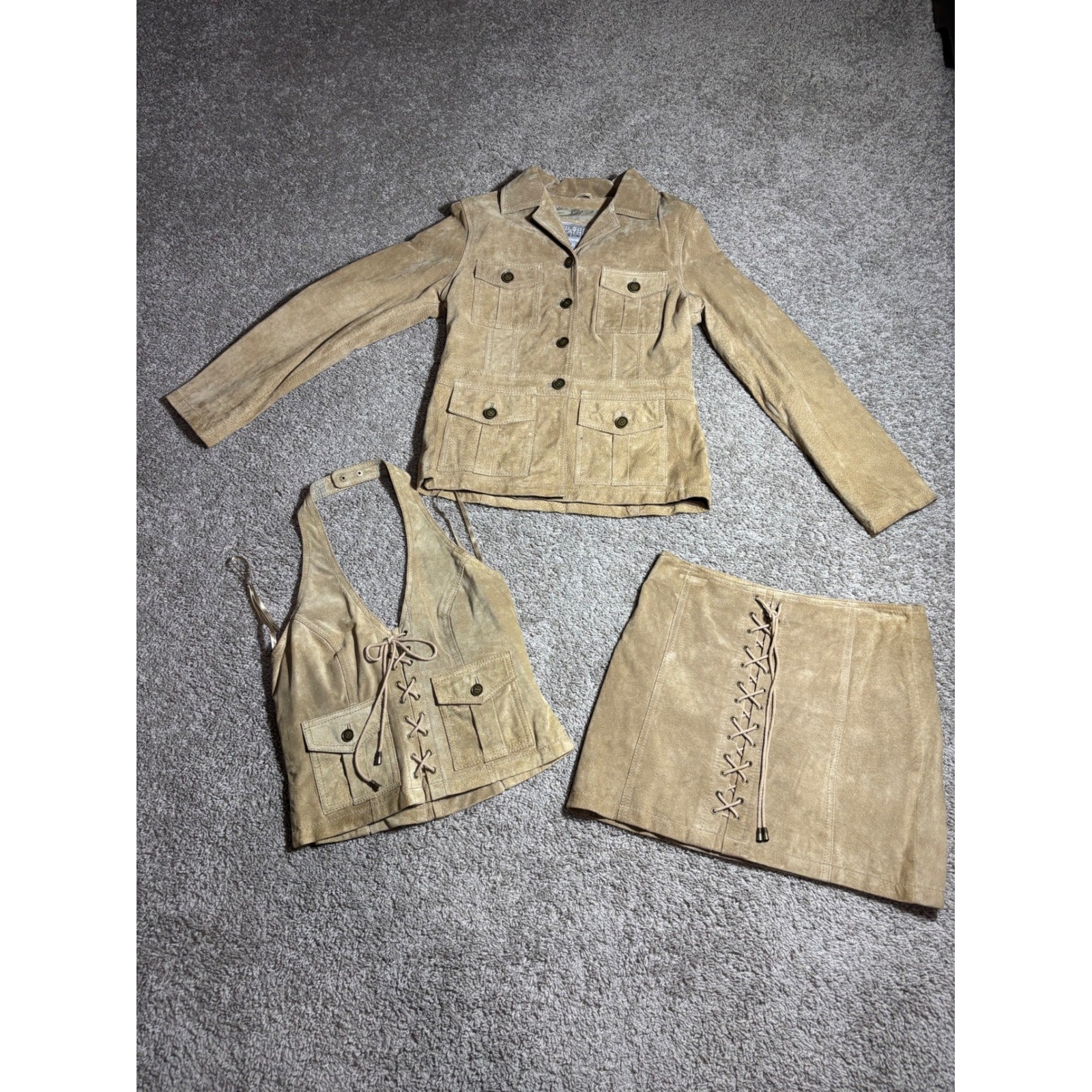 Wilsons Leather Maxima 3pc Suede Set Jacket Halter Vest Skirt Tan Tan S/4 Y2K