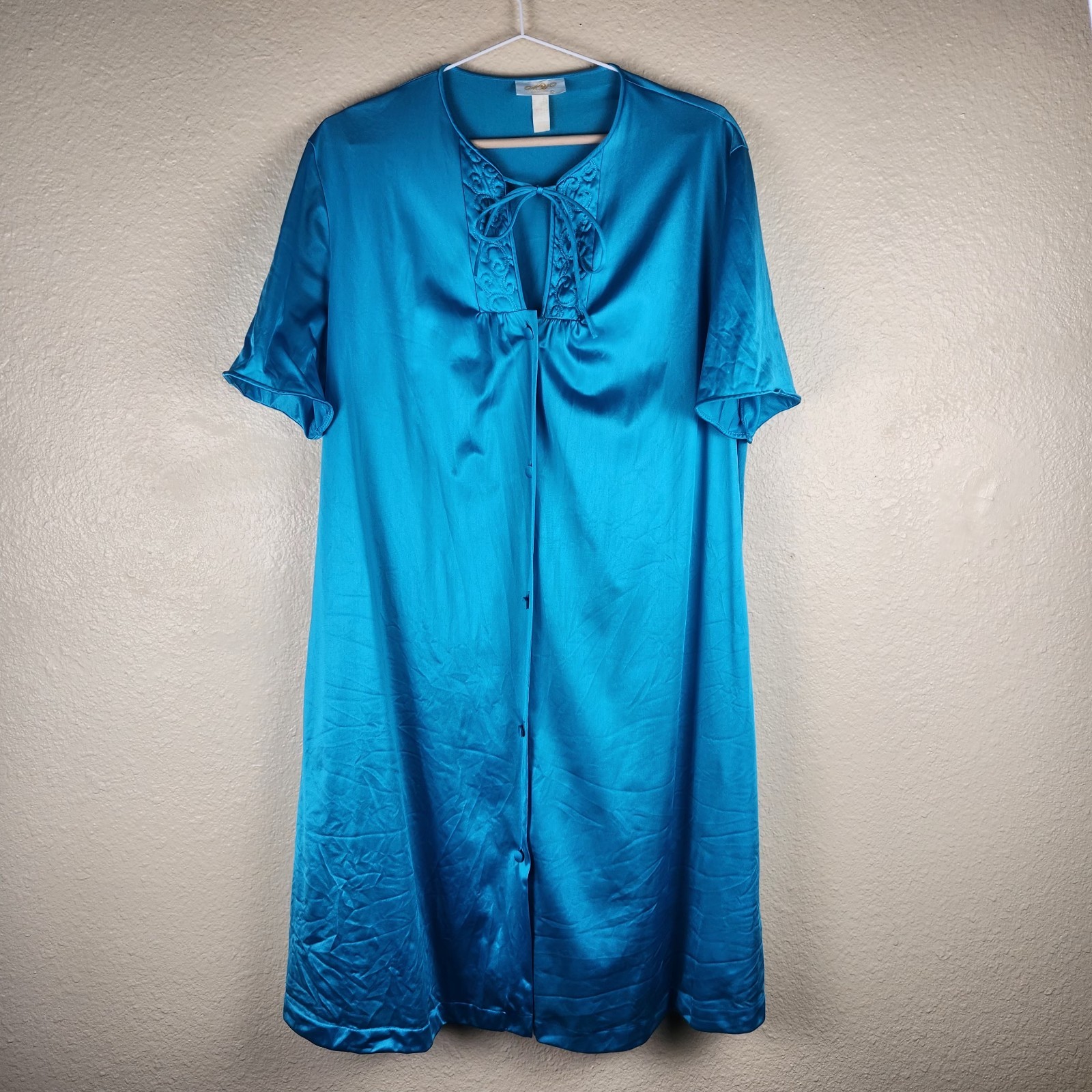 Vintage Montgomery Ward Nightgown Size Large Teal Full Button Pockets