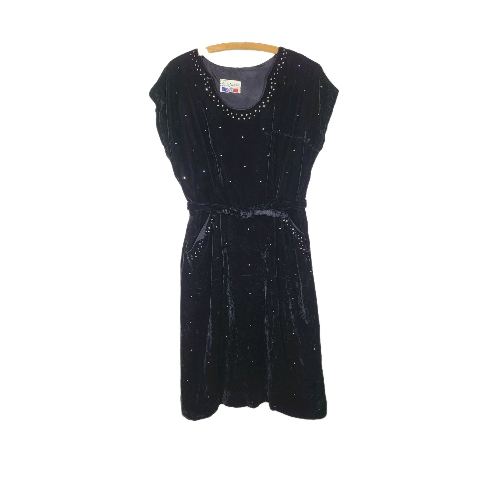 Vtg 40s Dress Black Velvet Night Sky Rhinestone wBelt Gloria Swanson Paris AsIs