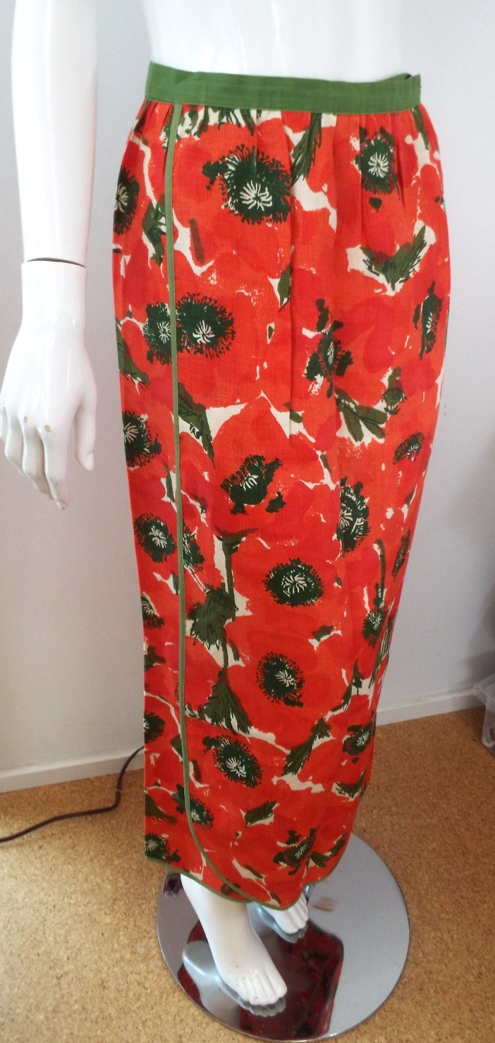 VTG Vera Neumann Cotten Linen Hostess Wrap Skirt PERFECT Poppy Red Green Floral