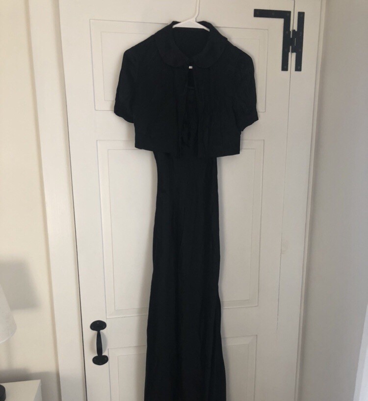 Vintage 1930s Black Satin Bias Cut Evening Gown and Jacket XXS Gothic Art Deco
