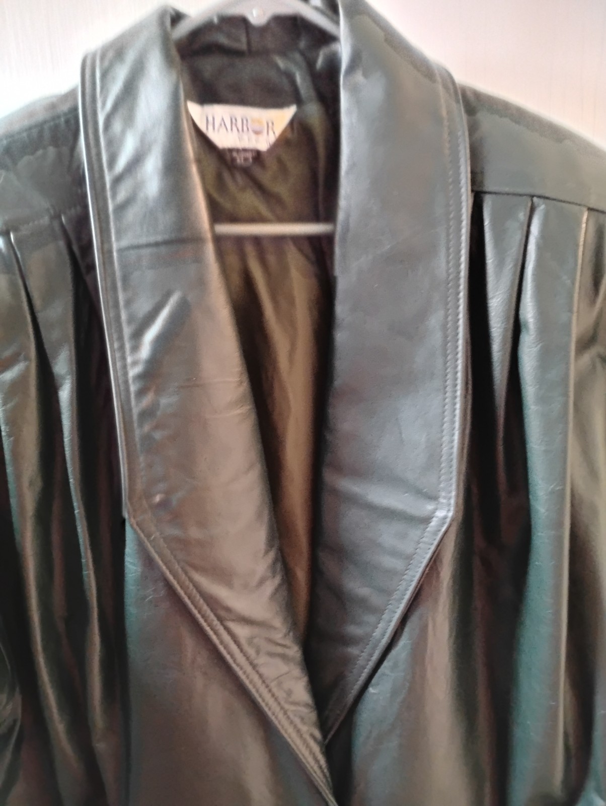 Vintage 80s Harbor Dark Green Leather Jacket Oversized Shawl Collar Coat Medium